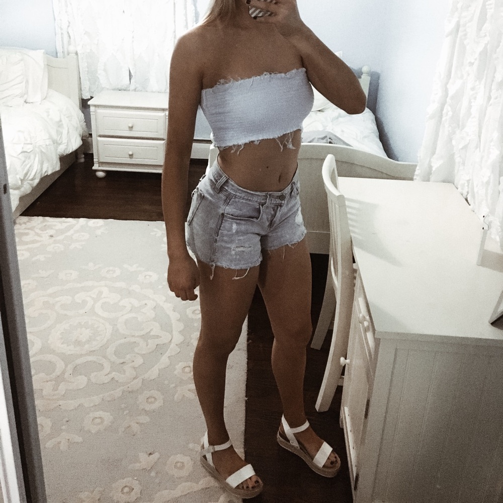 showpo distressed light blue tube top